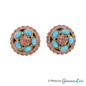 Vintage Pink Rhinestone Blue Cabochon Round Gold Tone Clip On Earrings
